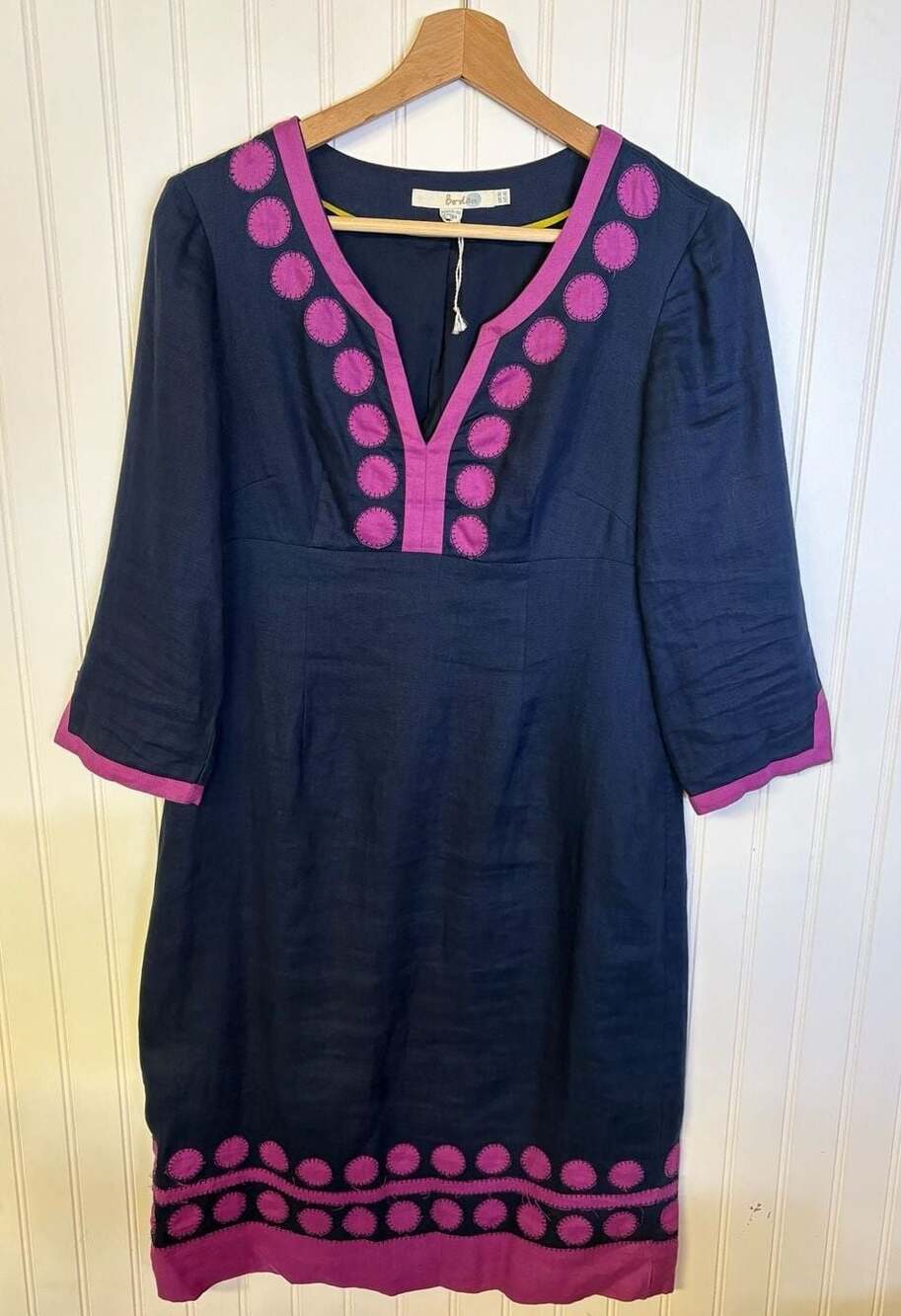 Boden Navy Blue Linen Tunic Dress with Pink Circle Appliqué Size 4